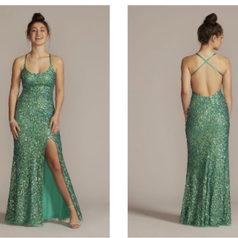 spaghetti strap sequin sheath dress with slit